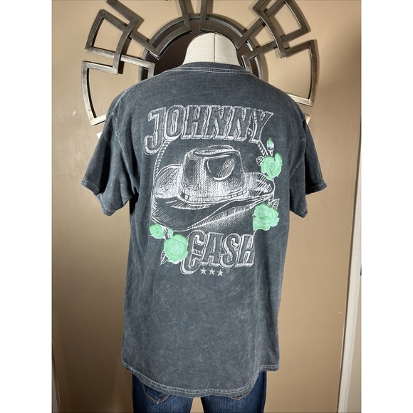 Johnny Cash Black Faded Distressed Short Sleeve T-shirt Outlaw Cowboy Hat Sz M - Picture 3 of 4